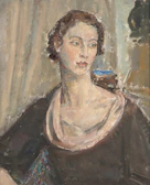 An impressionist portrait of a woman with flowing hair, painted in warm tones.