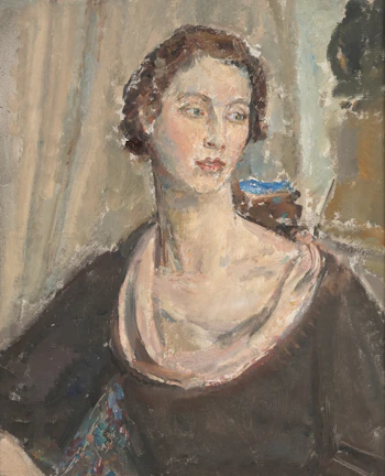 An impressionist portrait of a woman with flowing hair, painted in warm tones.