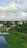 A serene rural landscape featuring lush green vegetation surrounding a body of water with small farming plots. In the background, there are several multi-story buildings partially obscured by trees, along with a vast cloudy sky overhead. The environment suggests a mix of nature and urban development.