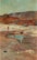 An impressionistic landscape painting featuring a sandy beach scene with two figures near a shallow water pool. The background consists of rolling hills with earthy tones and sparse vegetation. The use of light brushstrokes gives the artwork a soft, textured appearance, and the palette leans towards warm earthy hues with highlights of green.