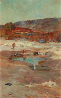 An impressionistic landscape painting featuring a sandy beach scene with two figures near a shallow water pool. The background consists of rolling hills with earthy tones and sparse vegetation. The use of light brushstrokes gives the artwork a soft, textured appearance, and the palette leans towards warm earthy hues with highlights of green.