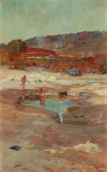 An impressionistic landscape painting featuring a sandy beach scene with two figures near a shallow water pool. The background consists of rolling hills with earthy tones and sparse vegetation. The use of light brushstrokes gives the artwork a soft, textured appearance, and the palette leans towards warm earthy hues with highlights of green.