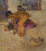 A figurative painting capturing a moment of quiet vulnerability, soft brushstrokes blending warm earth tones.