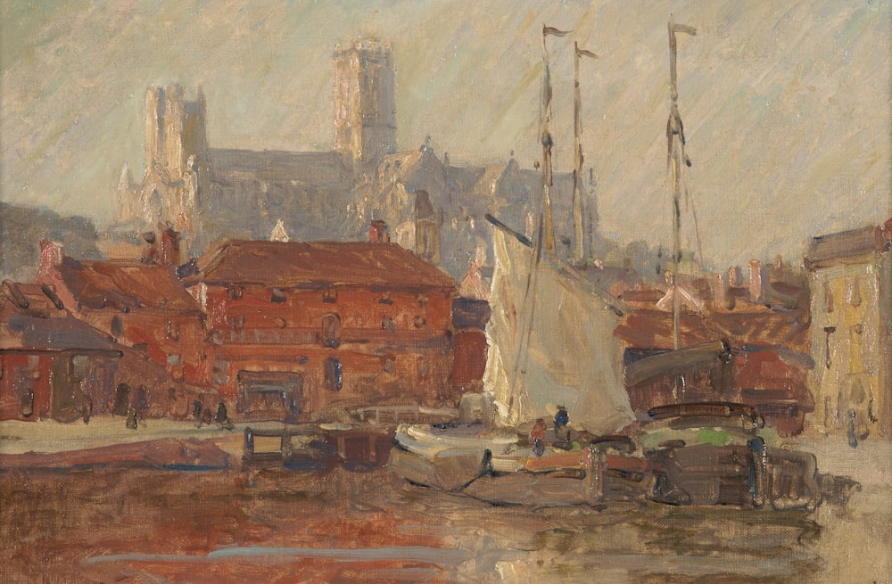 a painting of a boat in a harbor