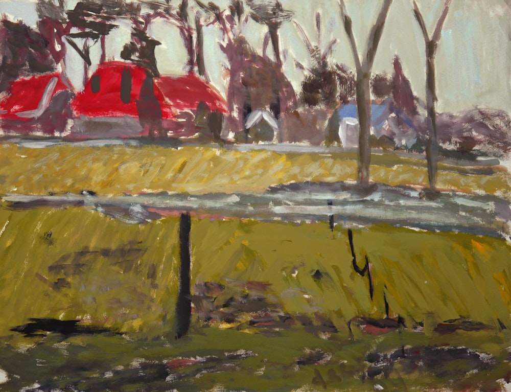 una pintura de una granja con un granero rojo en el fondo