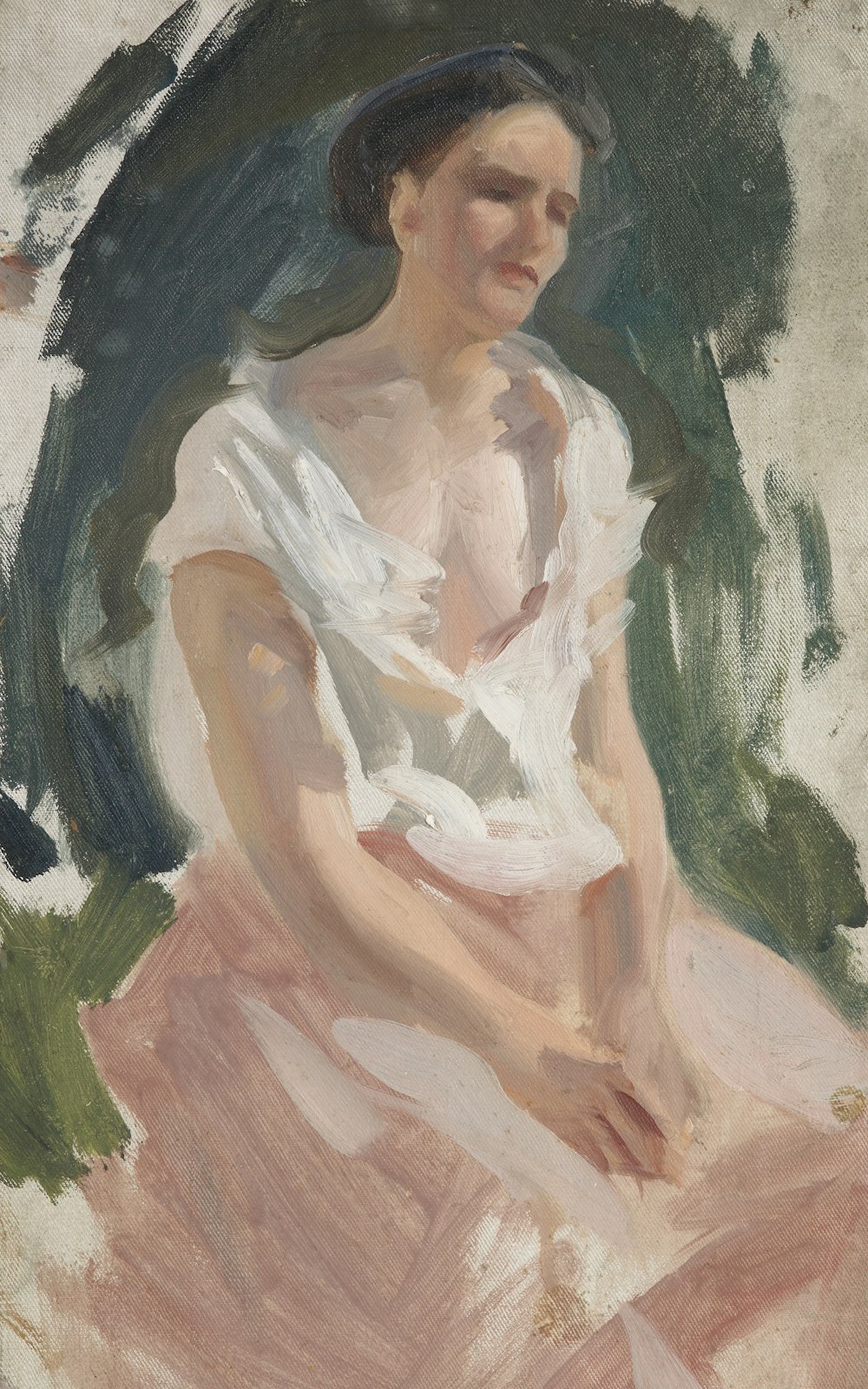 a painting of a woman in a pink dress