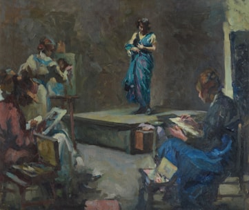 An art studio setting with several artists seated and sketching. A model stands on a platform draped in a blue garment. The lighting is dim and atmospheric, focusing on the central figure. The artists are engaged in their work, capturing the essence of the scene with their drawing materials.