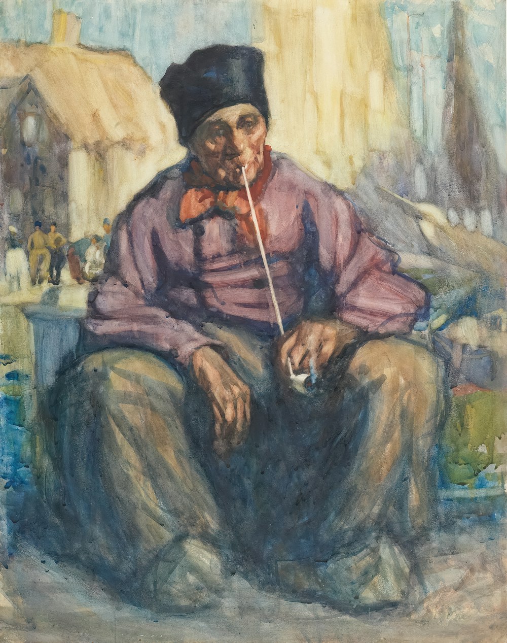 a painting of a man smoking a cigarette