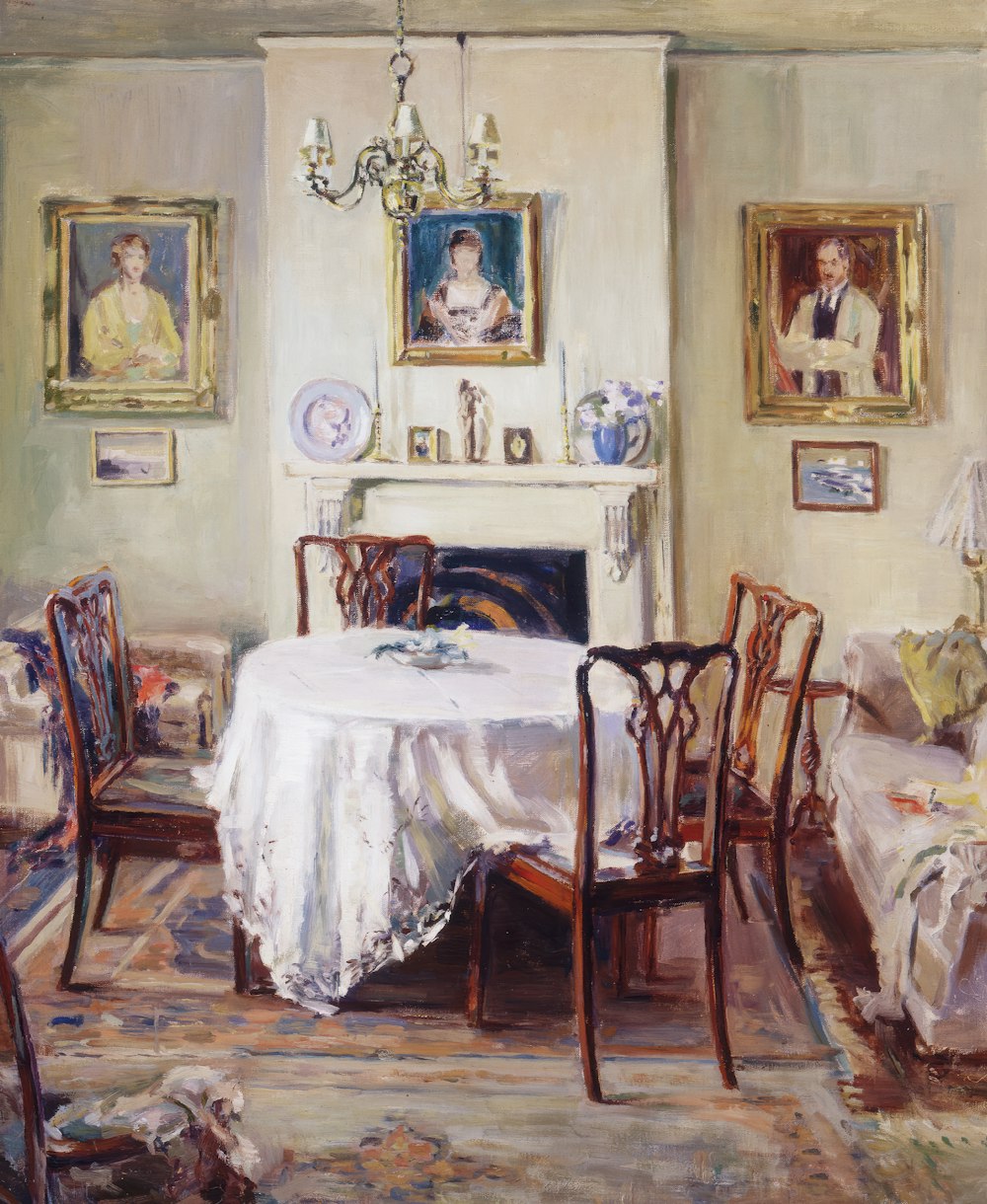 uma pintura de uma sala de jantar com uma mesa e cadeiras