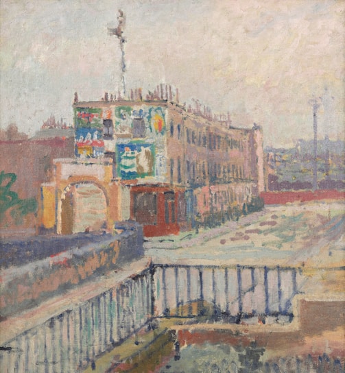 A vibrant impressionist painting by Simó Busom depicting a sunlit Barcelona street scene.