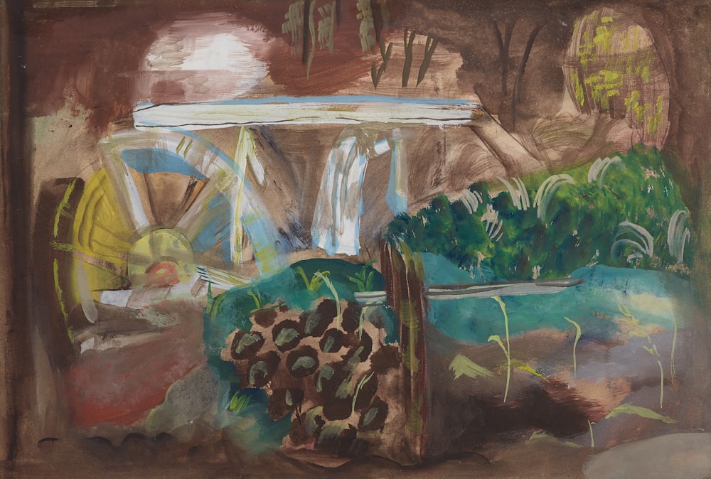 a painting of a garden with a waterfall