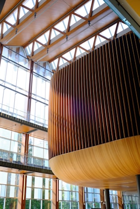 A large, modern architectural interior with high wooden ceilings and geometric skylights. A prominent feature is a curved wooden structure with vertical slats that is suspended from the ceiling. The space is filled with natural light from the expansive windows that line the walls.