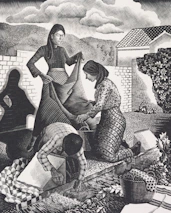 A serene village scene showing women working together on quilt stitching outdoors.