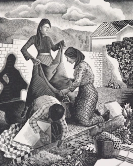 A serene village scene showing women working together on quilt stitching outdoors.