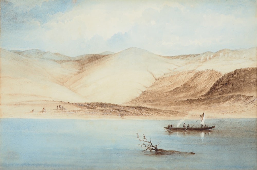uma pintura de um barco em um lago com montanhas ao fundo