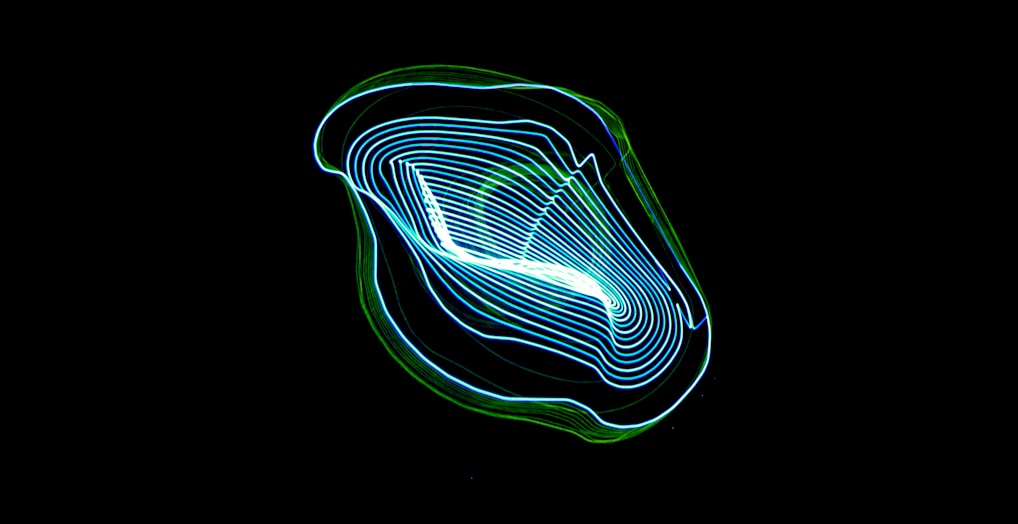 A glowing neural network map with electric blue and neon green nodes connected by flowing data lines against a dark cyber-black background.