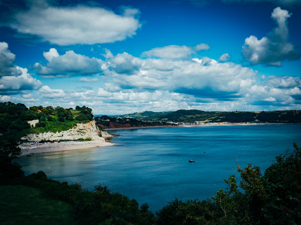 a body of water surrounded by trees and clouds