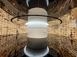 Futuristic public library with curved architecture and vibrant colors.