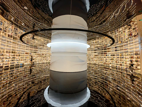 Futuristic public library with curved architecture and vibrant colors.