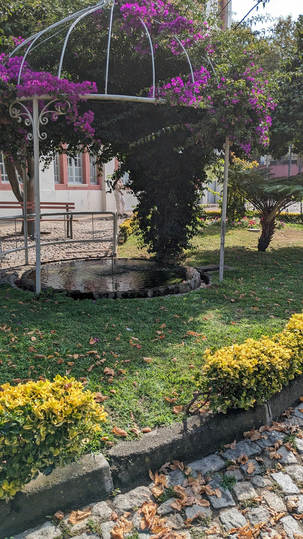 a park area with flowers and a bench