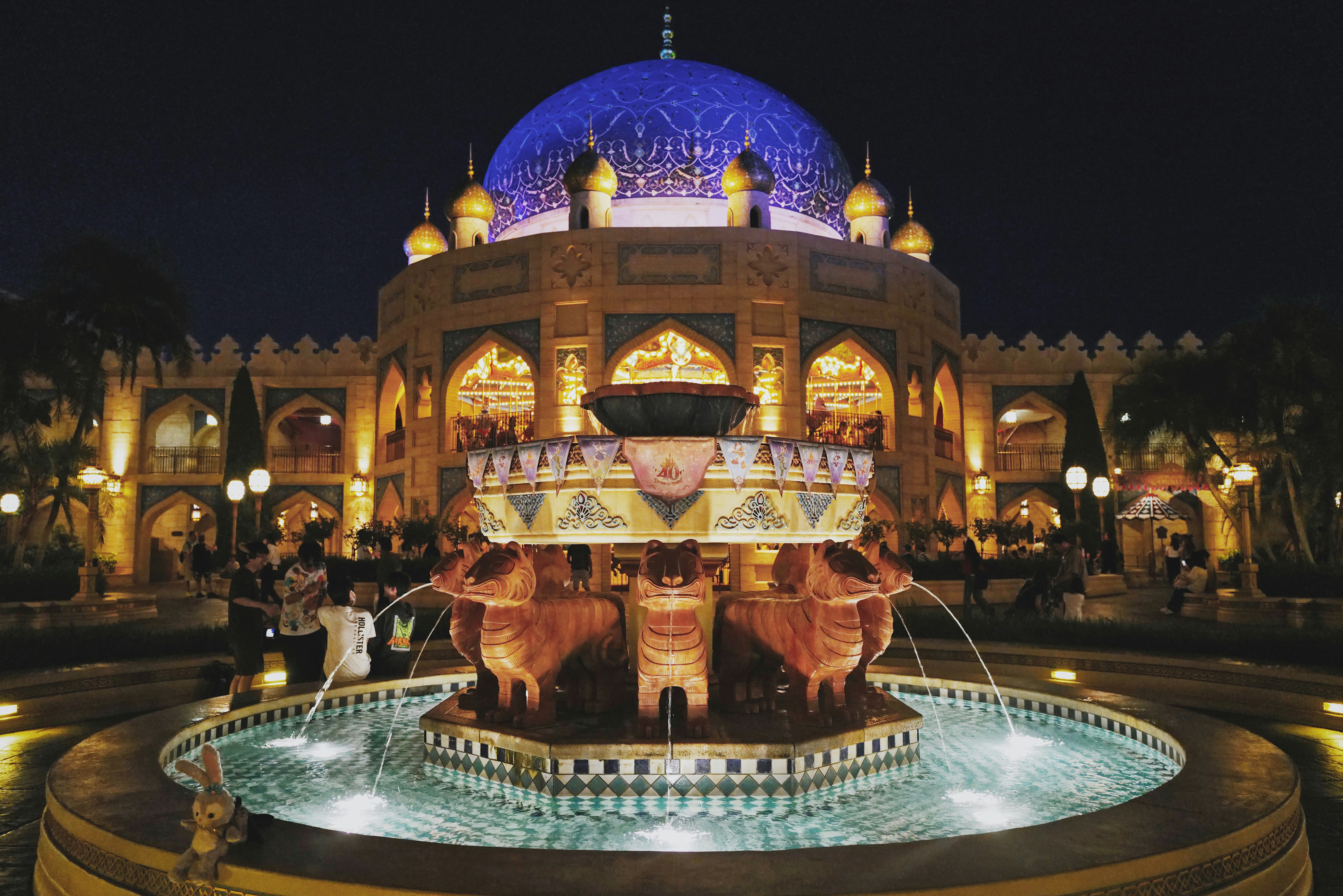 a fountain in front of a building at night