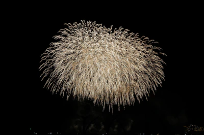 A grand finale with cascading silver sparks raining down over a large outdoor event.
