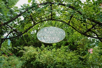An arched metal trellis covered in vibrant green foliage supports a decorative sign with intricate lettering that reads 'Rose Garden'. The background is lush with dense greenery, creating a natural and serene setting.
