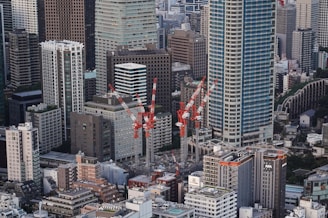 A dense urban landscape featuring numerous tall skyscrapers and a cluster of construction cranes in the midst of ongoing development. The buildings exhibit a variety of architectural styles, with glass, concrete, and metal facades. The cranes are striking with their red and white color, indicating active construction sites. The cityscape extends into the distance, showcasing a busy metropolitan area.