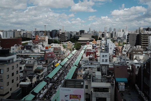 A bustling urban landscape featuring a densely packed array of buildings, with a prominent, vibrant marketplace or street lined with green roofs running through the center. In the background, traditional structures such as a pagoda and a temple contrast with modern high rises under a partly cloudy blue sky, illustrating a blend of historical and contemporary elements.