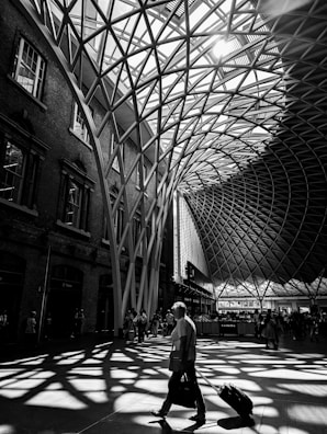 A striking architectural space featuring an intricate web-like roof structure allows sunlight to cast dynamic shadows across the floor. A lone traveler with a suitcase moves through the space, while other individuals are visible in the background near the building's walls and entrances.