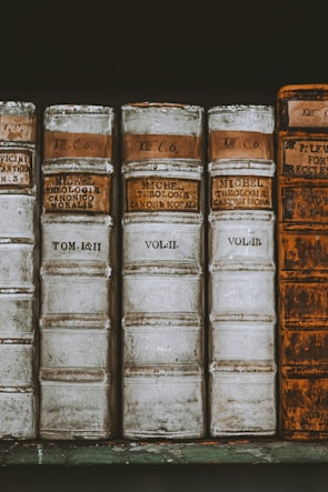A row of antique leather-bound books with aged spines and labels, featuring volumes of theological or canonical texts. The books are predominantly weathered, in shades of brown and cream, with handwritten and printed text on their spines.