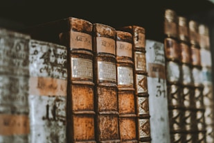 Several antique books are lined up in a row on a shelf. The books have worn and aged covers, with some displaying Roman numerals on their spines. The bindings appear to be made of leather and show signs of significant wear and patina, indicating their age.