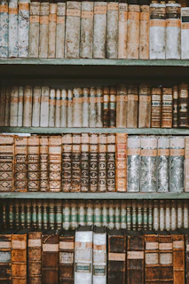 A dramatic arrangement of colorful vintage books with textured covers and embossed titles.