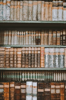 An assortment of vintage books arranged on wooden shelves, exhibiting leather-bound covers with rich textures and embossed patterns. The books vary in color, featuring shades of brown, beige, and muted greens, with titles and labels visible on the spines.