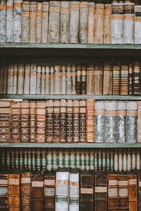 An assortment of vintage books arranged on wooden shelves, exhibiting leather-bound covers with rich textures and embossed patterns. The books vary in color, featuring shades of brown, beige, and muted greens, with titles and labels visible on the spines.