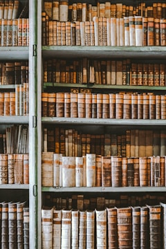 A collection of vintage books lined up on wooden shelves, showcasing a variety of worn spines with different colors and patterns. The books appear to be arranged by size and the shelves are tall, reaching nearly from floor to ceiling, giving a sense of an old library or study. The image has a slightly aged, sepia tone, enhancing the historic feel.