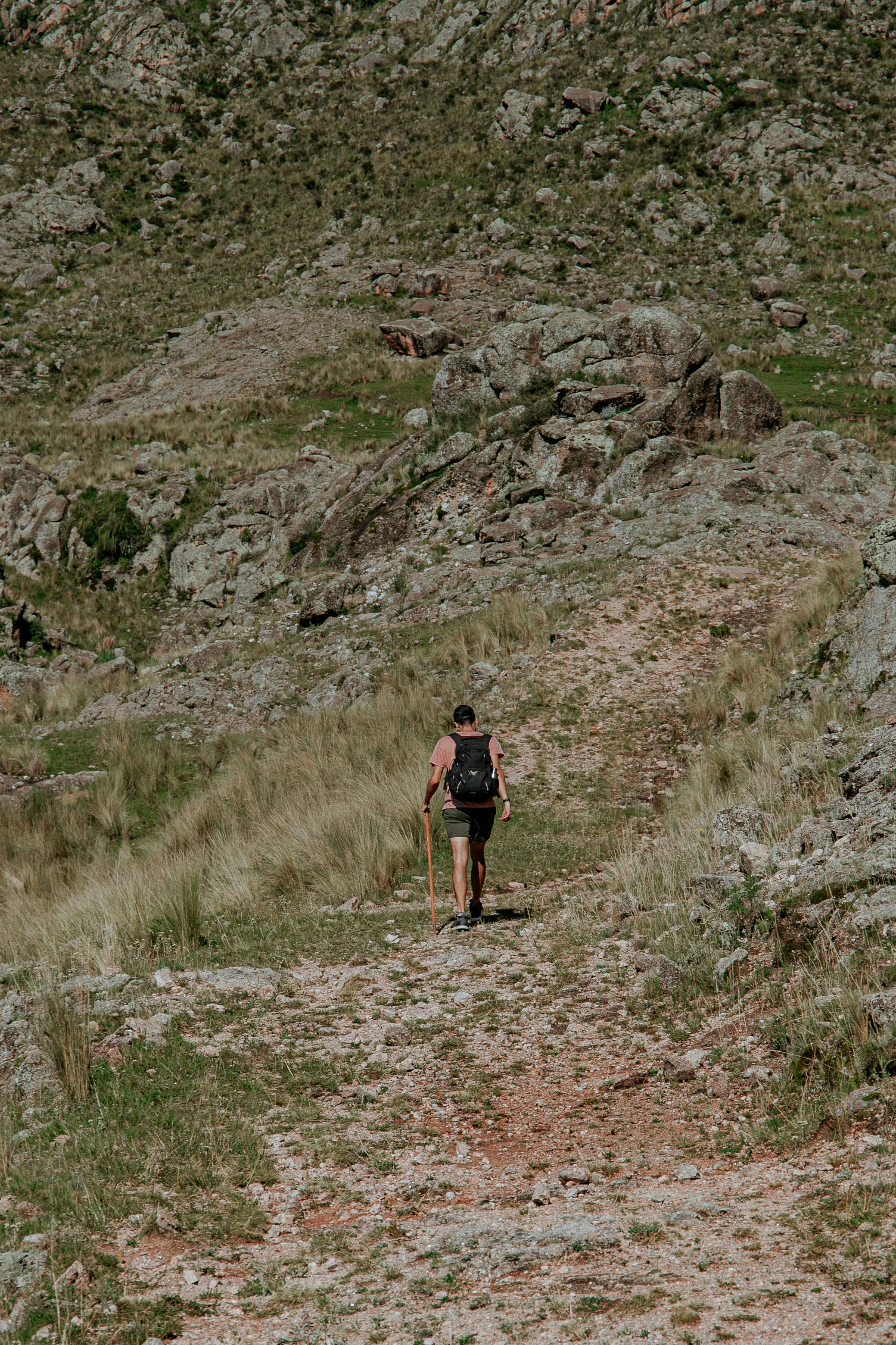 Una persona che cammina su una collina con uno zaino