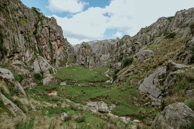 a grassy valley surrounded by rocky mountains under a cloudy sky