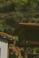 A rustic wooden structure with a terracotta roof sits on a stone pillar surrounded by lush greenery. Below, potted plants with vibrant flowers add color to the scene, and another building's roofline is visible. The dense foliage and trees create a natural backdrop.