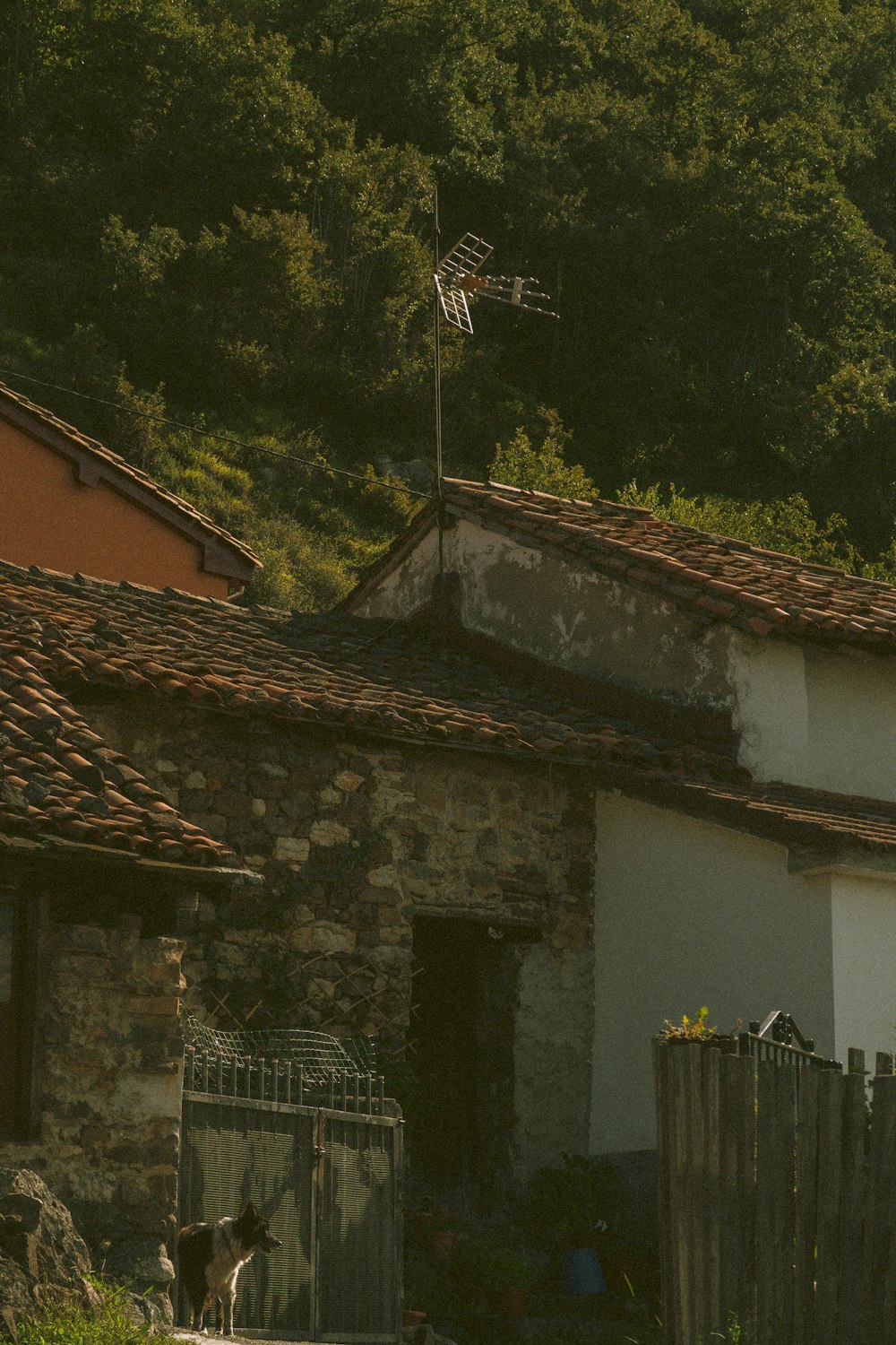 an old building with a flag on top of it