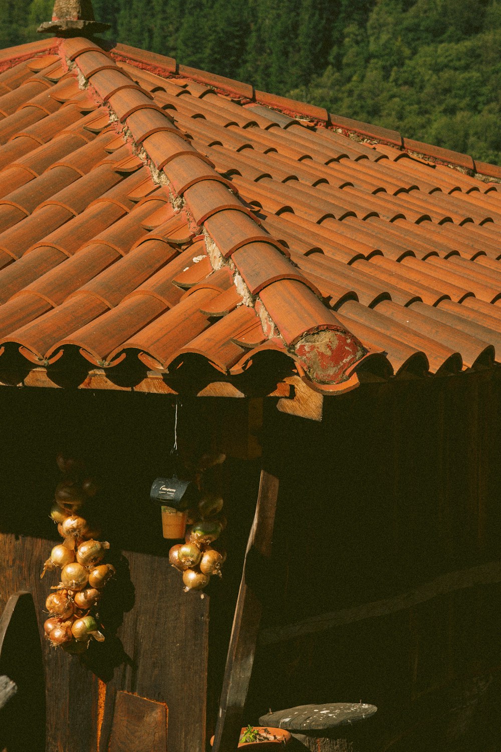the roof of a building with pots of food hanging from it