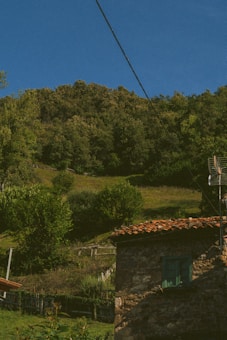 A rustic stone house with a tiled roof is positioned at the bottom right of the image. Lush, green hills with dense tree coverage extend upwards towards a clear blue sky. A single wire crosses diagonally, and a satellite dish is mounted on the side of the house.