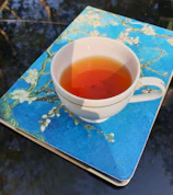 A calm morning scene featuring a cup of herbal tea and a notebook with health notes