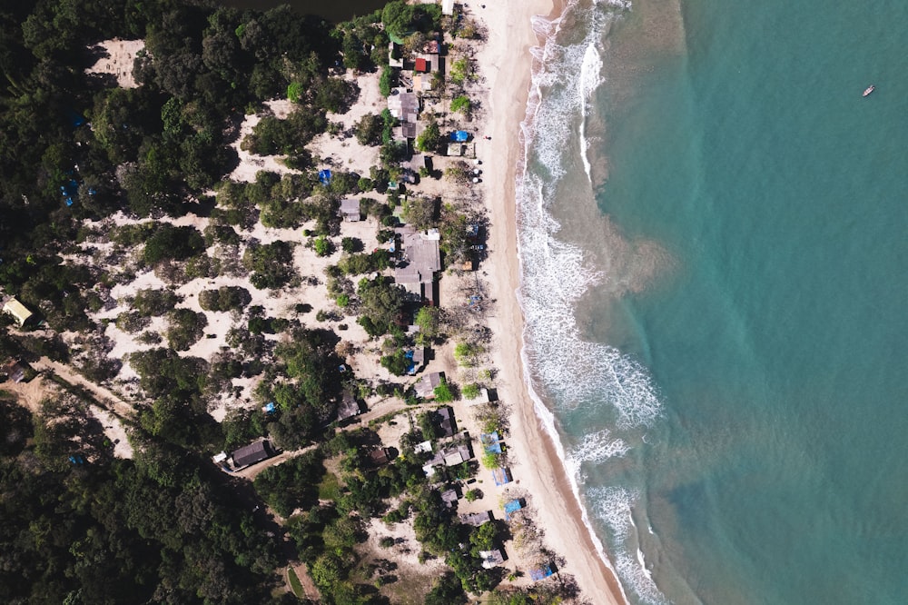 a bird's eye view of a beach and ocean