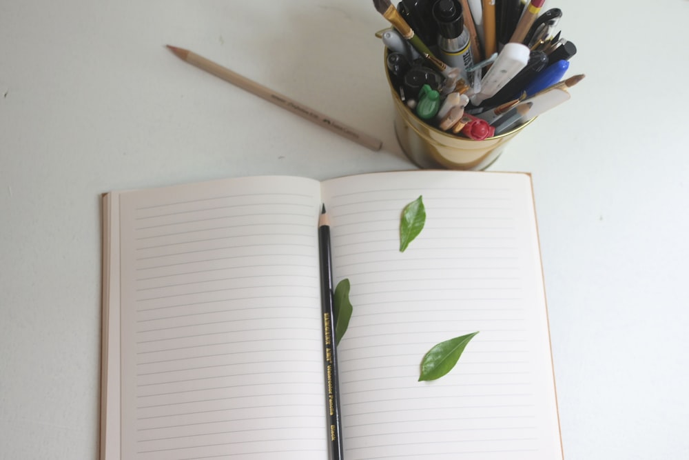 an open notebook with pencils and markers