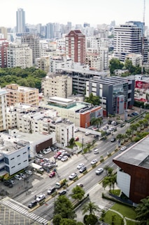 Aerial view of a bustling city with residential areas.