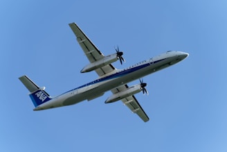 A propeller-driven airplane with ANA branding is flying in a clear blue sky. The aircraft is photographed from below, displaying its white and blue color scheme and dual engines on each wing.