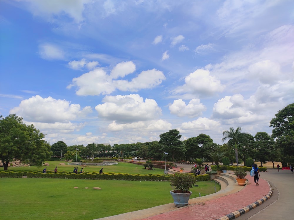 a park with a lot of people walking around