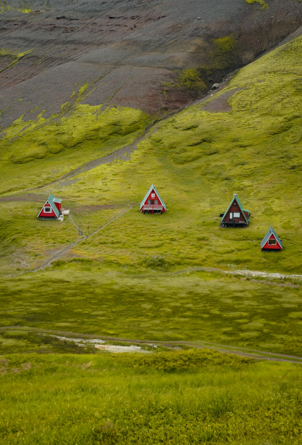 Un grupo de pequeñas casas sentadas en la cima de una exuberante ladera verde