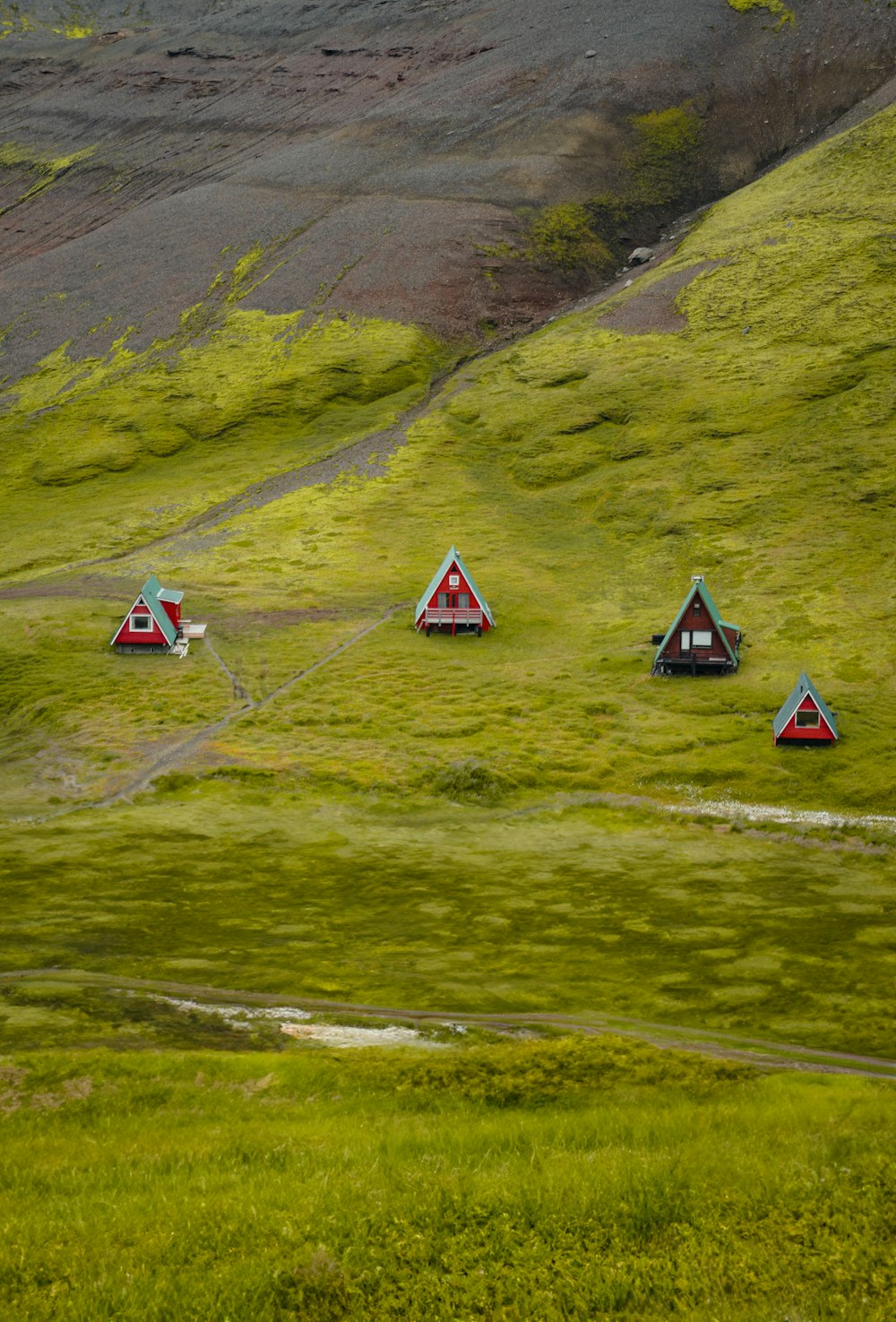 a group of small houses sitting on top of a lush green hillside